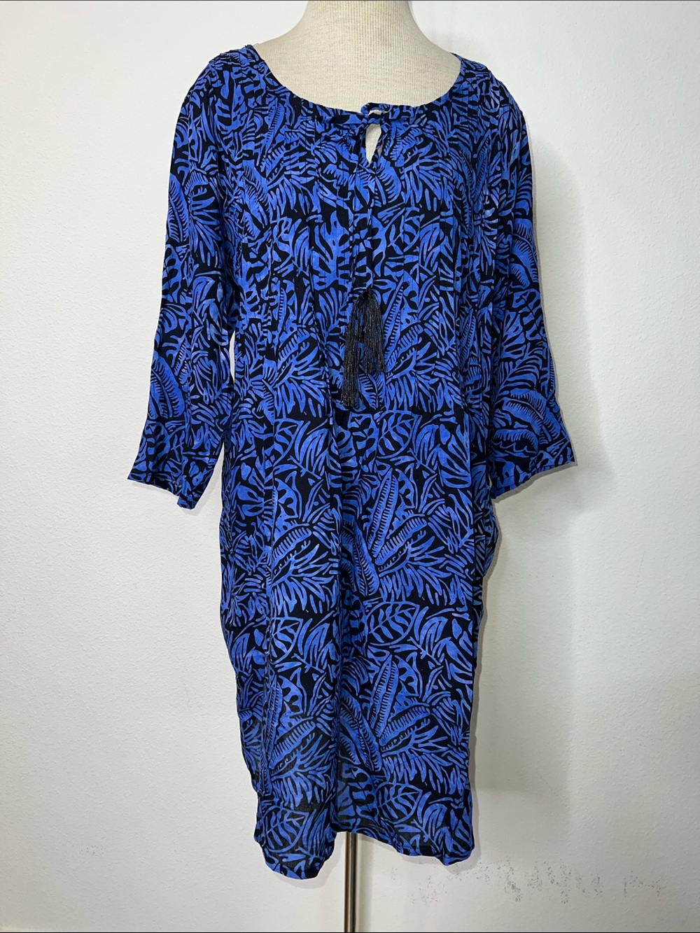 Blue Ginger Batik Blue and Black Leaf-Print Tunic Dress